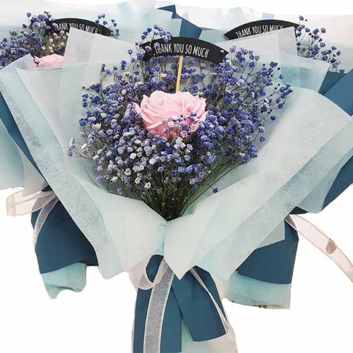 드라이플라워 프리저브드 블루안개 퀸장미 꽃다발